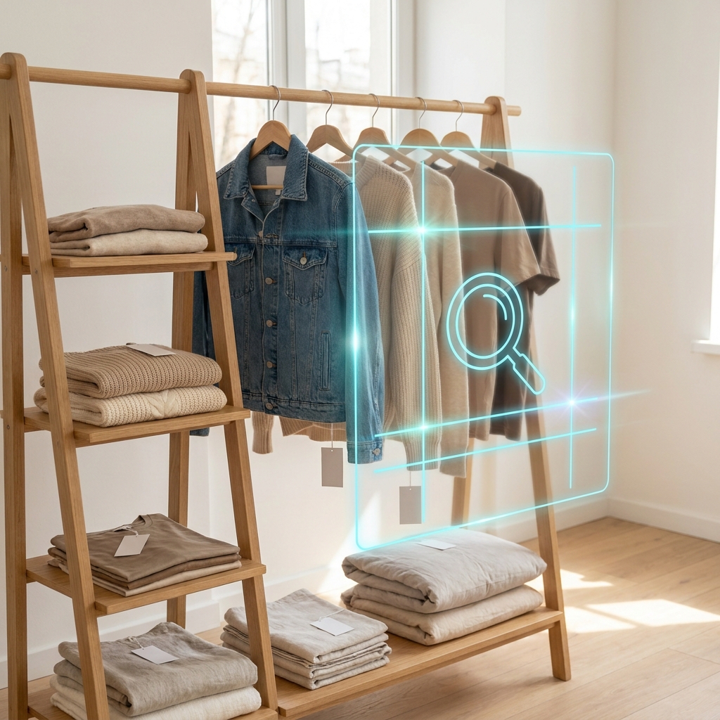 Burro de ropa con prendas colgadas y textiles doblados en repisas de madera, con las etiquetas de composición a la vista.