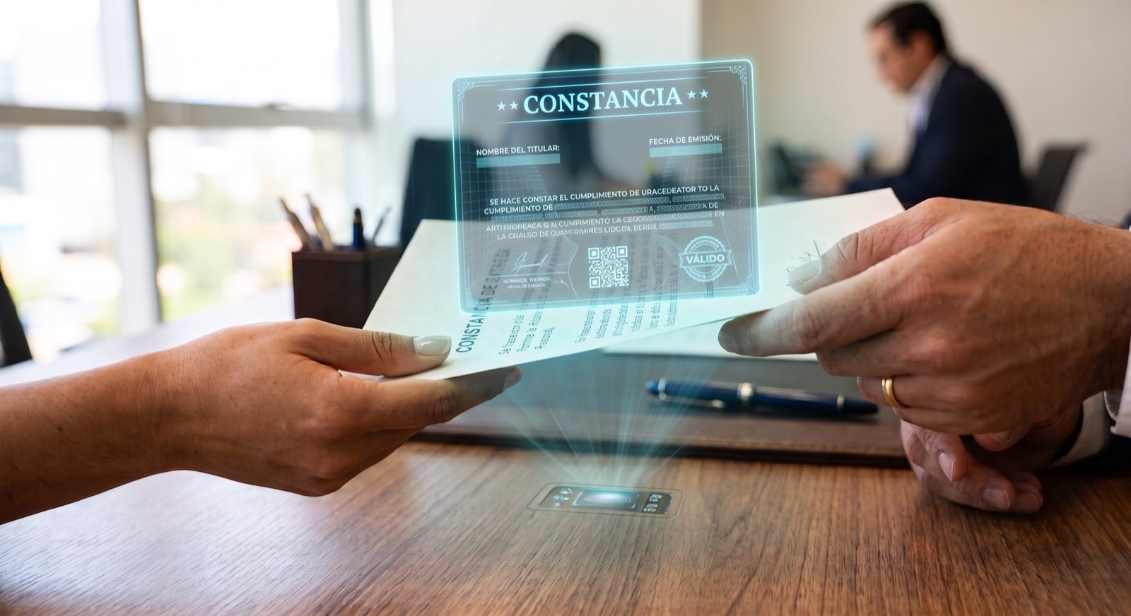Estación de trabajo junto a un ventanal con vista a la ciudad, donde se proyecta el folio digital de una constancia de cumplimiento con su código de verificación.
