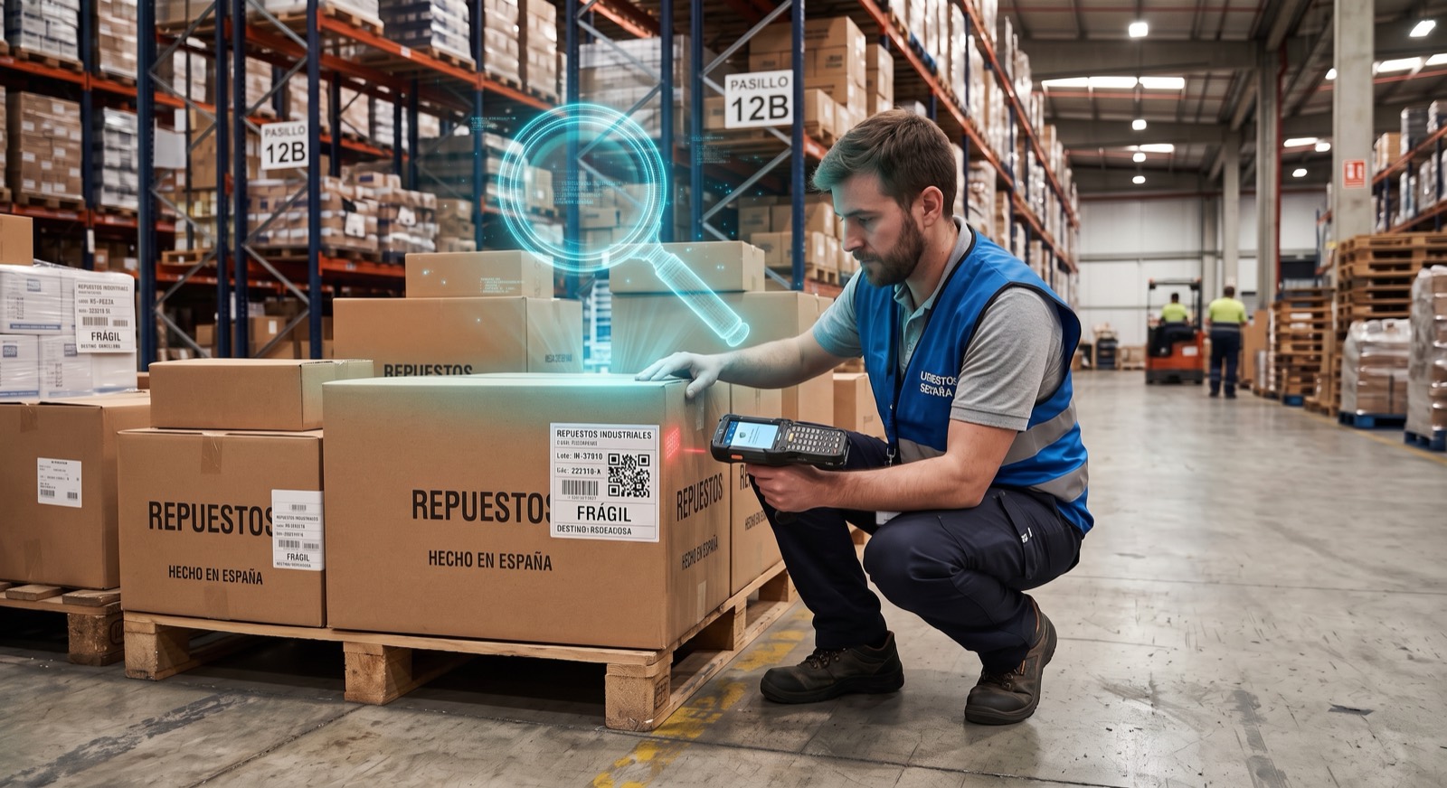 Personal de almacén sostiene una caja con la etiqueta comercial a la vista mientras se inspecciona su contenido de información obligatoria.